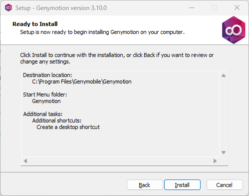 Genymotion 3.10.0 Setup Ready to Install summarizing destination, Start Menu folder, and desktop shortcut