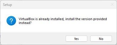 Genymotion Setup dialog asking VirtualBox is already installed, install the version provided instead with Yes and No