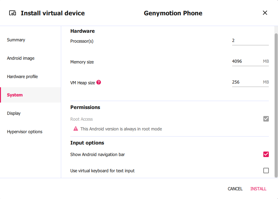 Install virtual device System tab with 2 processors, 4096 MB memory, and root mode warning for Android 10