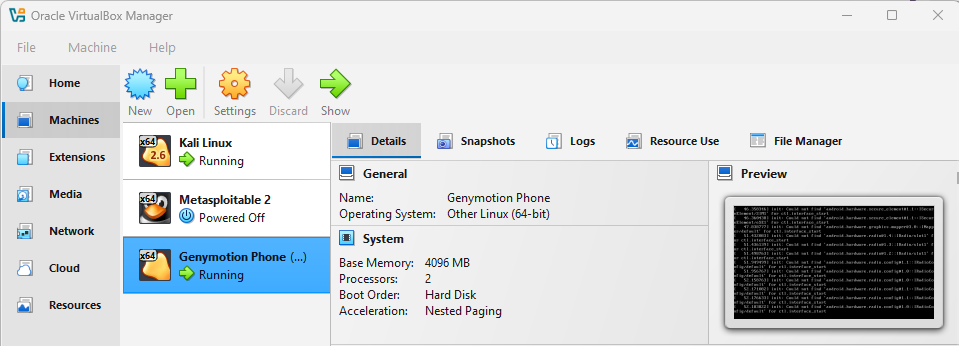 Oracle VM VirtualBox Manager with Genymotion Phone running at 4096 MB and 2 CPUs beside Kali Linux