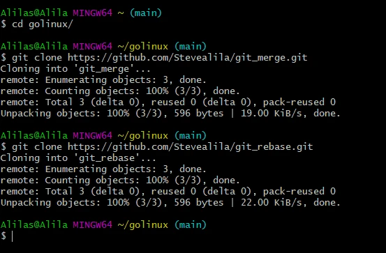 clone two repos to explain git merge vs rebase