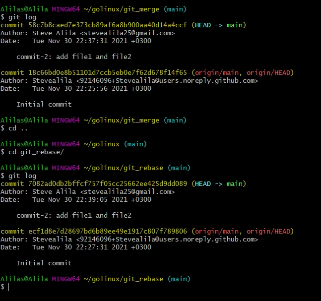 two commits per git merge vs rebase