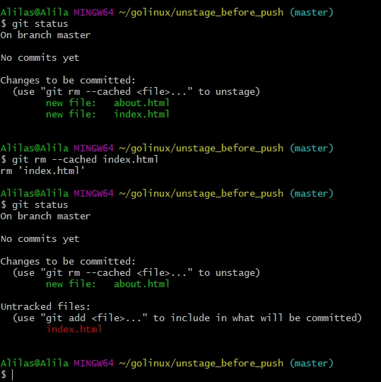 unstage using the cached flag