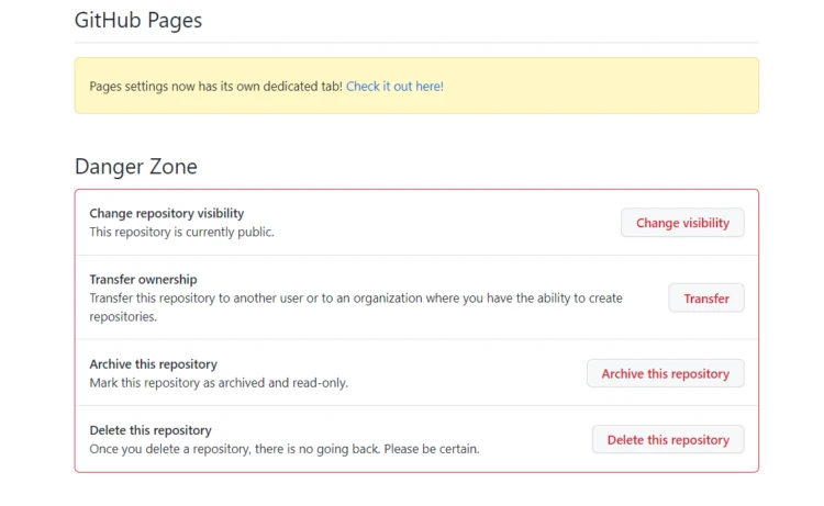 GitHub Settings Danger Zone