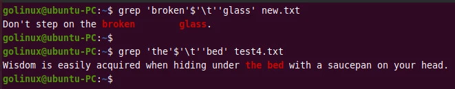 grep for 2 words with tab between them