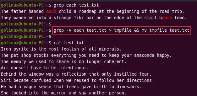 grep pattern and delete a line from a file
