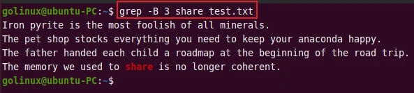 grep pattern and print before n lines