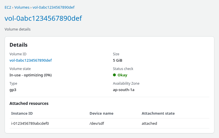 EC2 volume details showing a 5 GiB gp3 data volume in In-use optimizing state attached at /dev/sdf