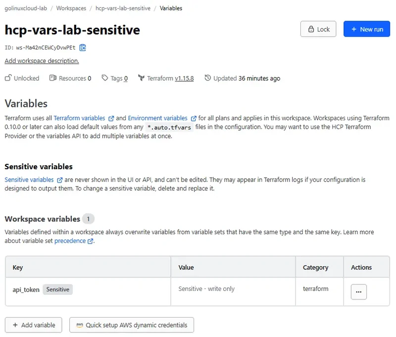 HCP Terraform Variables page for the hcp-vars-lab-sensitive workspace with an api_token variable carrying a Sensitive badge and the value column reading Sensitive - write only