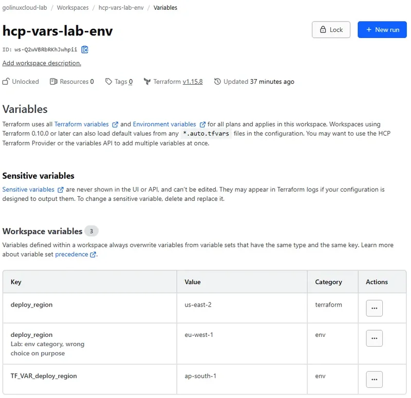 HCP Terraform workspace variables page listing deploy_region in the terraform category, deploy_region in the env category, and TF_VAR_deploy_region in the env category with different region values