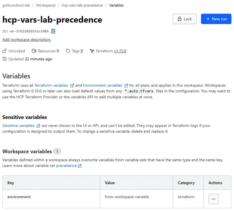 HCP Terraform Variables page for the hcp-vars-lab-precedence workspace with one workspace variable named environment holding from-workspace-variable in the terraform category