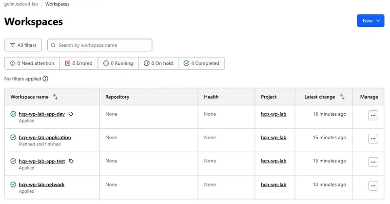 HCP Terraform organization workspace list with a Project column showing four workspaces all assigned to the same project