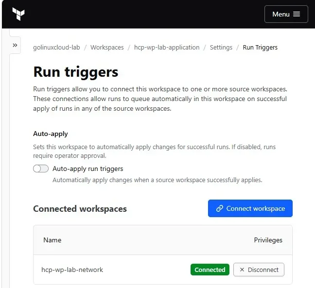 HCP Terraform Run Triggers settings page with an auto-apply toggle above a connected source workspace list