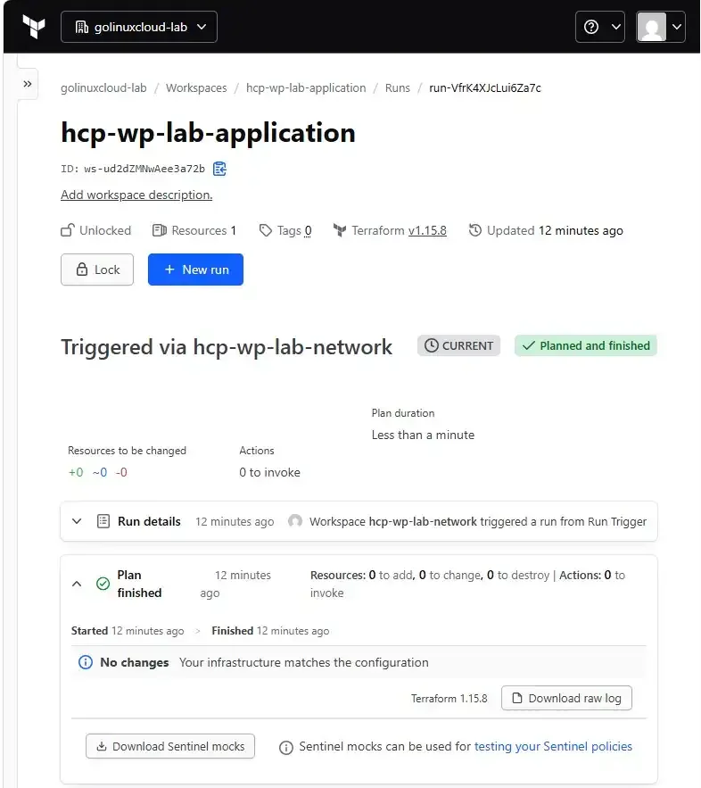 HCP Terraform run page for a triggered run, titled with the source workspace name and showing a run details line attributing the run to a run trigger