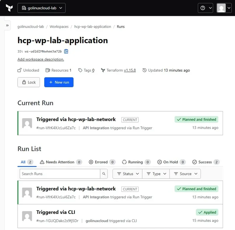 HCP Terraform workspace run list with a current run above the full run list, each row showing its trigger source and final status
