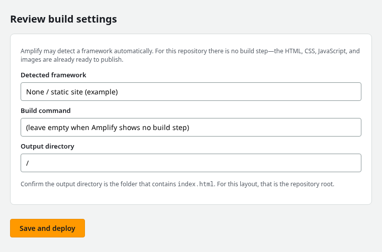 Amplify review build settings for a static HTML repository