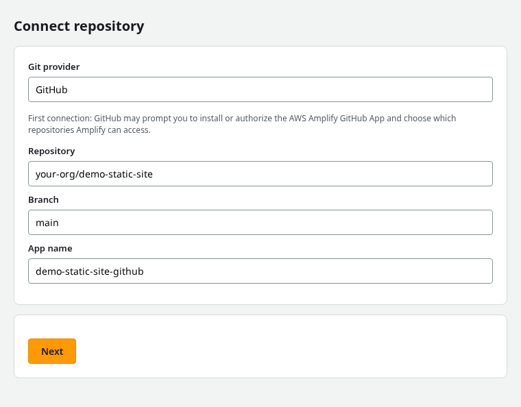 Amplify GitHub connection with repository, branch, and app name