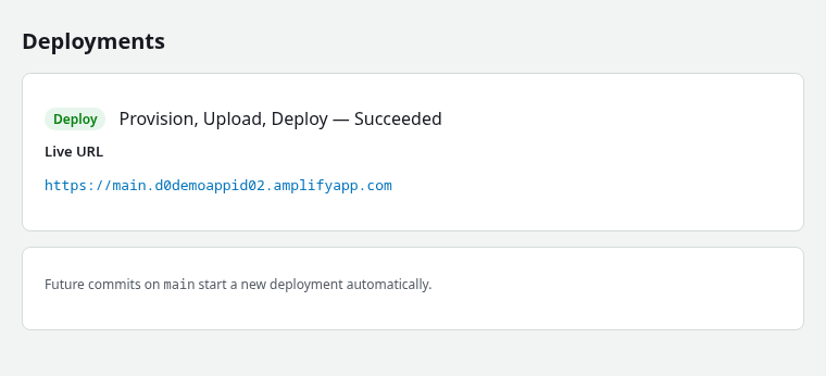 Amplify deployment status with succeeded job and live URL