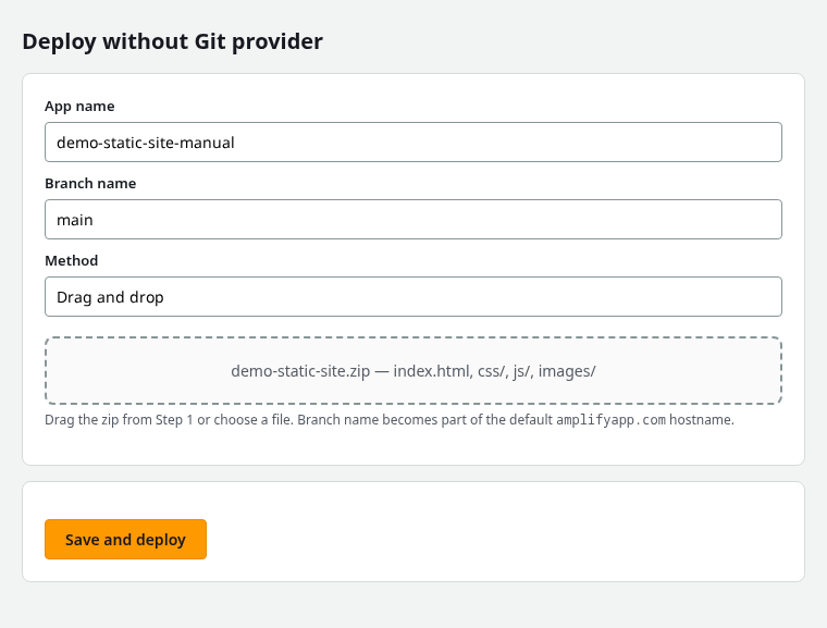 Amplify manual deploy with app name, branch name main, and drag-and-drop zip