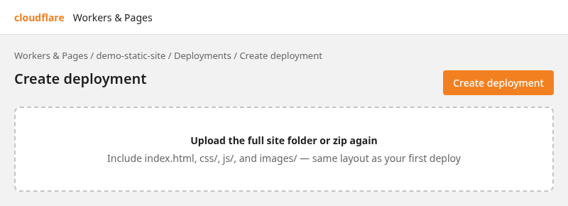 Illustration of Create deployment upload for a site update on direct-upload Pages