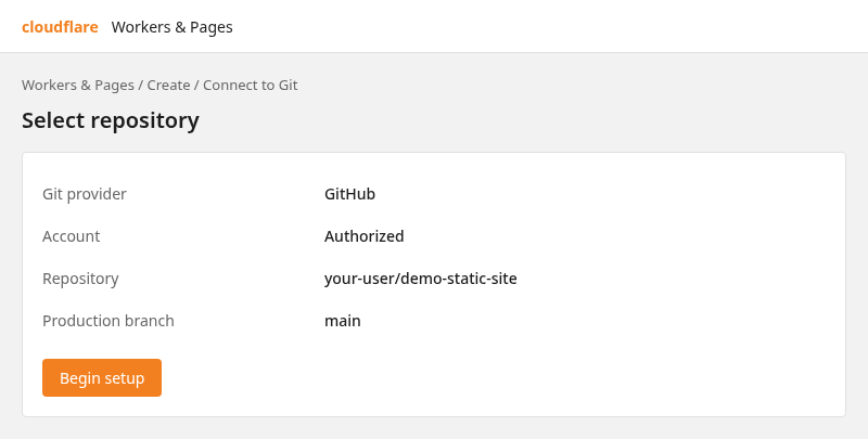 Select GitHub repository and production branch for Pages