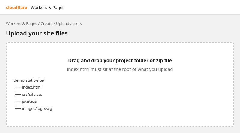 Upload assets drag-and-drop with index.html at the project root