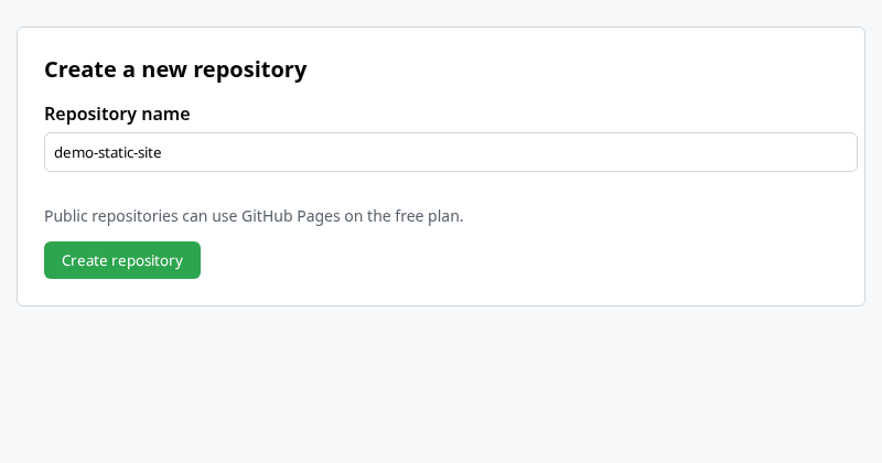 GitHub new repository form with public visibility and demo-static-site name