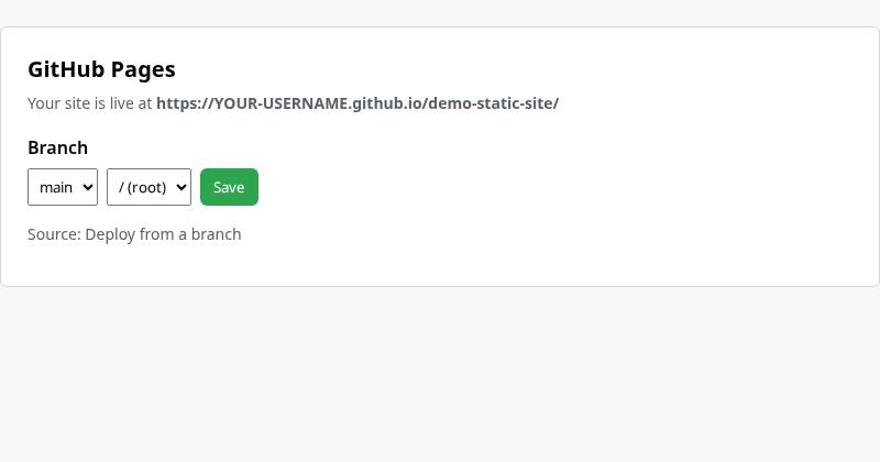 GitHub Pages settings with main branch and root folder selected