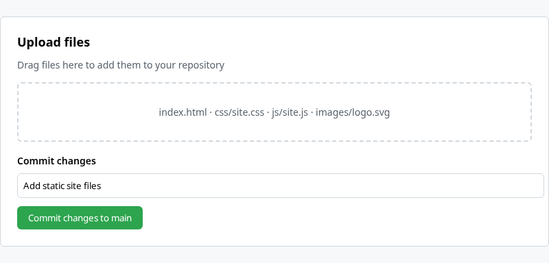 GitHub upload files screen with commit to main