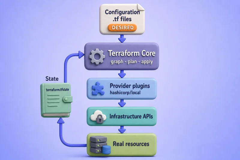 Terraform configuration flows through Core and provider plugins to infrastructure APIs, while state records managed objects and feeds back into planning