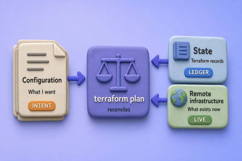 Configuration declares desired resources, state records Terraform mappings, and plan reconciles both against live infrastructure the provider reads