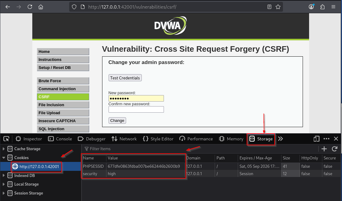 Firefox Storage cookies for DVWA showing PHPSESSID and security cookie values