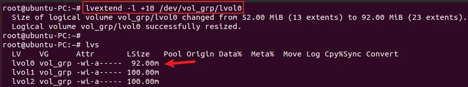 lvextend command to extend size in logical extents