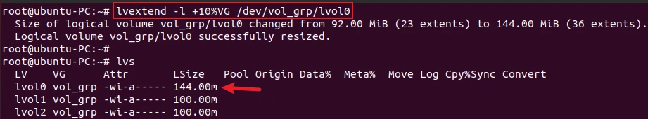 lvextend command to extend the size of logical volume using percentage