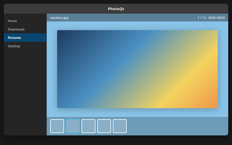 PhotoQt 5.2 image viewer on Ubuntu 26.04 after apt install, with sample photo, Pictures sidebar, and filmstrip