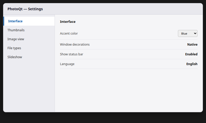 PhotoQt 5.2 Settings on Ubuntu 26.04, Interface page with accent color and window decoration options