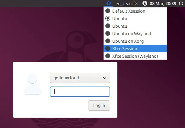 XFCE session selection from Ubuntu login screen