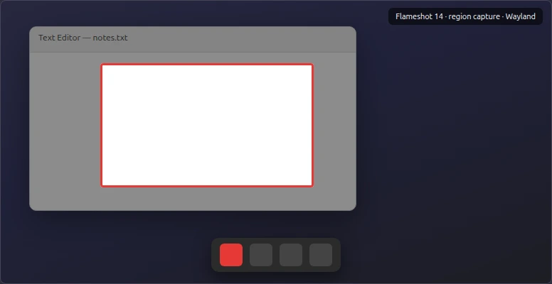 Flameshot 14 region capture overlay on Ubuntu 26.04 GNOME Wayland