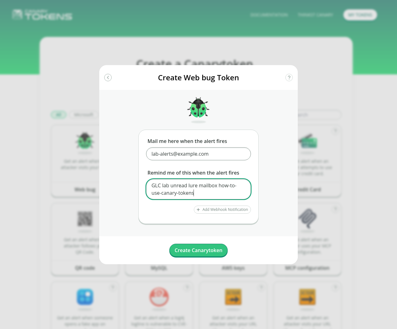 Create Web bug Token dialog with a redacted/example alert address and descriptive memo