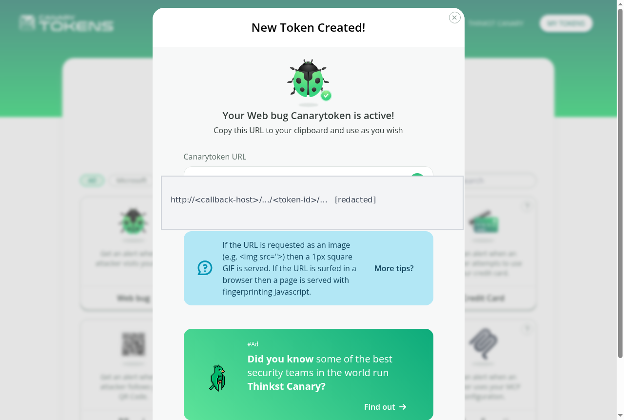 New Token Created page for a Web bug with the Canarytoken URL field redacted