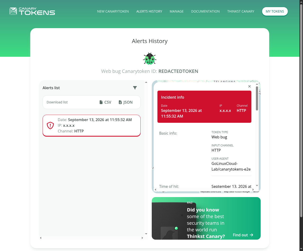 Canarytokens Alerts History incident showing HTTP channel and GoLinuxCloud-Lab/canarytokens-e2e User-Agent