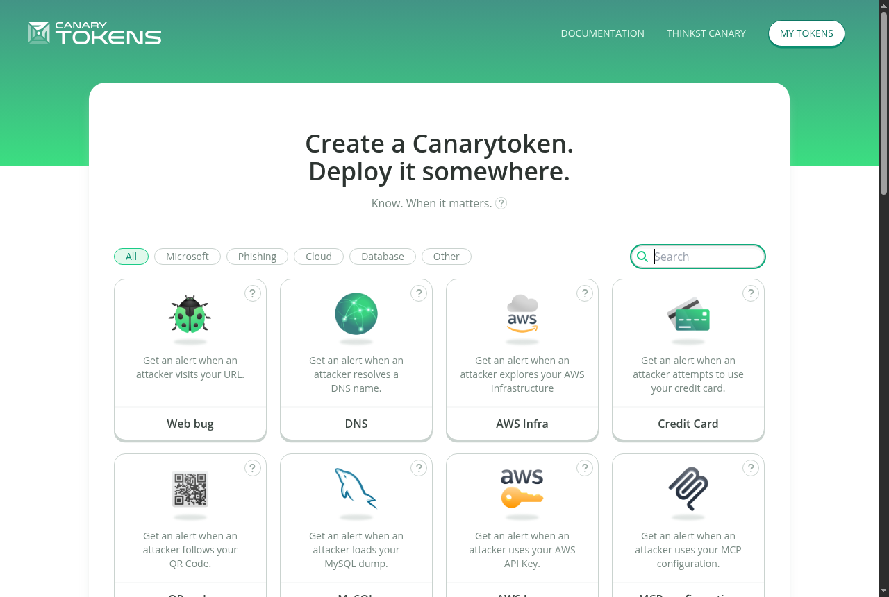 Canarytokens.org token-type selection grid showing Web bug, DNS, AWS Infra, Credit Card, QR code, MySQL, AWS keys, and MCP configuration