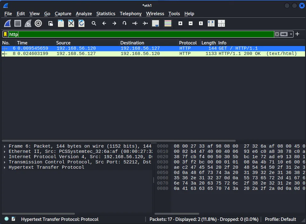 Wireshark packet list on eth1 with http display filter applied showing GET and HTTP 200 OK between 192.168.56.120 and 192.168.56.127
