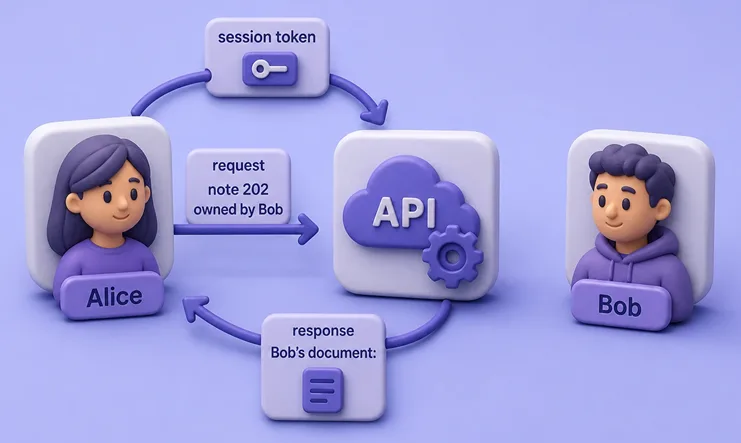 Two authenticated users where Alice requests Bob object ID and the API returns Bob data