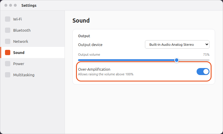 Ubuntu 26.04 GNOME Settings Sound panel with Over-Amplification enabled on the output card