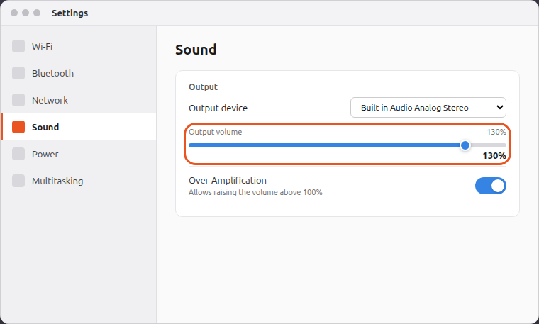 Ubuntu 26.04 GNOME Settings output volume slider at 130 percent with Over-Amplification on