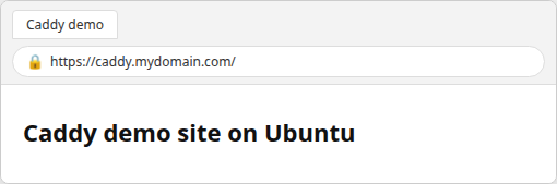 Browser showing the Caddy demo site over HTTPS with a secure connection indicator and a placeholder hostname in the address bar