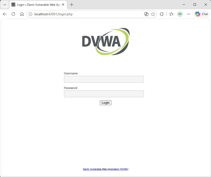 DVWA login page running on Kali Linux at port 42001