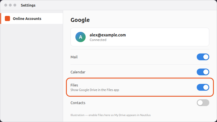 Google account in Ubuntu Online Accounts with the Files switch enabled for Drive in Nautilus
